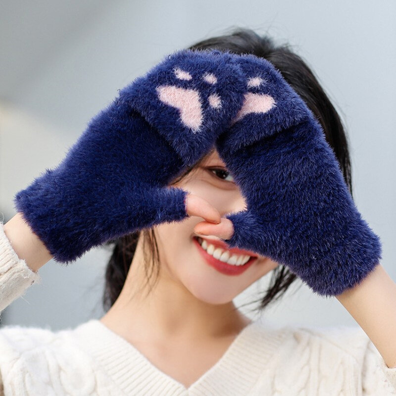 Women Girls Lovely Winter Warm Fingerless Gloves Girls Fluffy Bear Cat Plush Paw Claw Half Finger Gloves Mittens Gifts New 2023