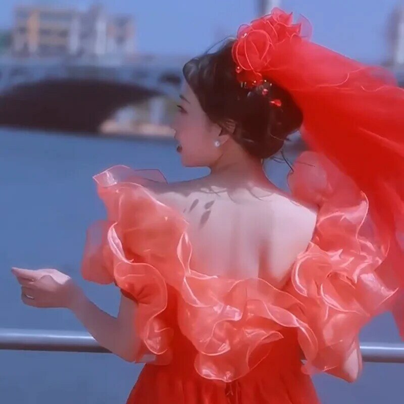 AnXin SH-vestido de novia de manga corta con volantes de princesa, naranja y rojo de encaje cuello de barco, con cuentas de flores y perlas, con cordones, antiguo