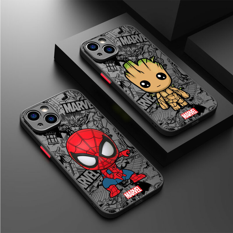 Cartoon Marvel Groot Spiderman Case Voor Iphone Se 12 Mini 13 Pro Max 14 Plus Xs X 7 6S Plus 15 11 Xr 8 Schokbestendige Pantserhoes