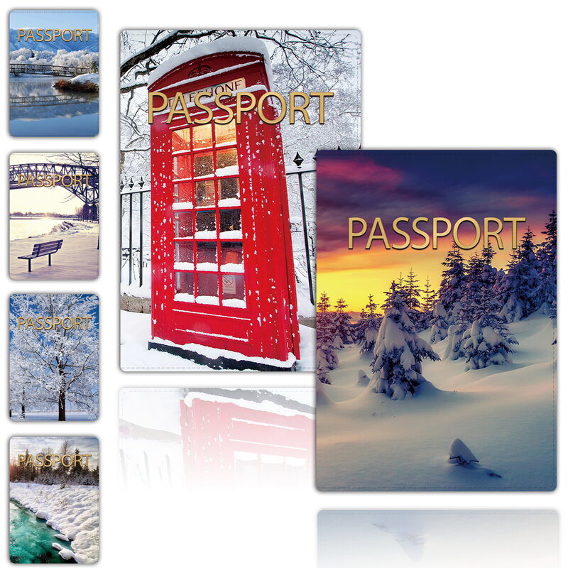 New Women Leather Passport Cover Air Tickets for Cards Travel Passport Holder Wallet Credit Card Holder Case Snowview Pattern