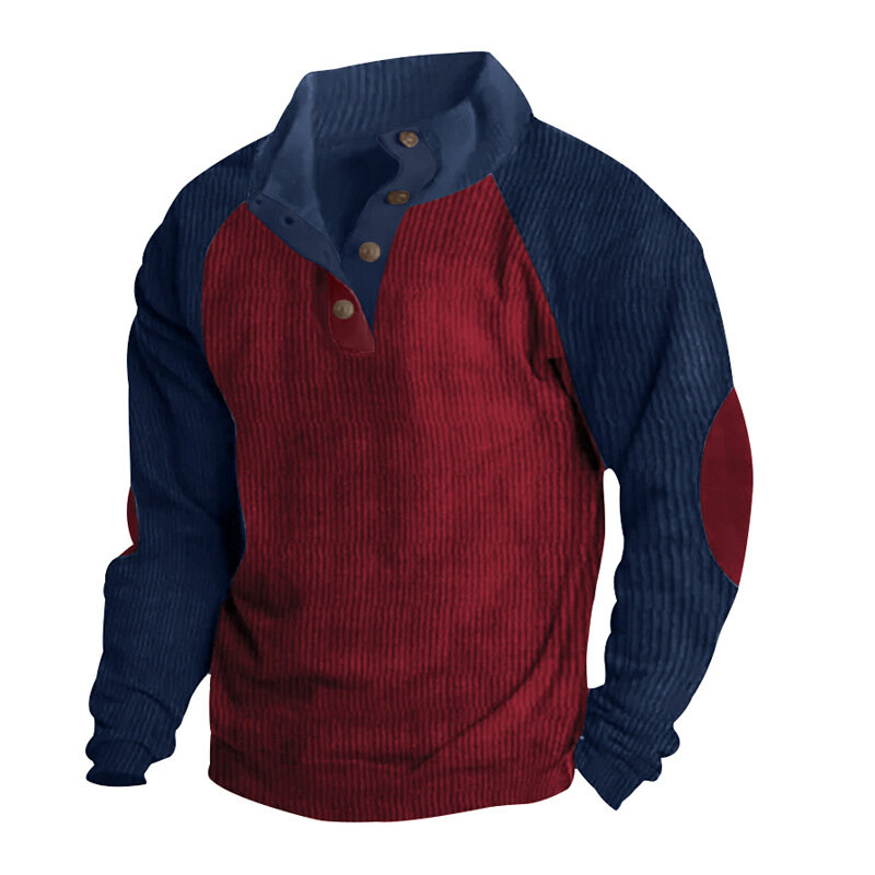 Мужской пуловер, уличный Повседневный вельветовый свитшот на пуговицах, с воротником-стойкой и длинным рукавом, Осень-зима