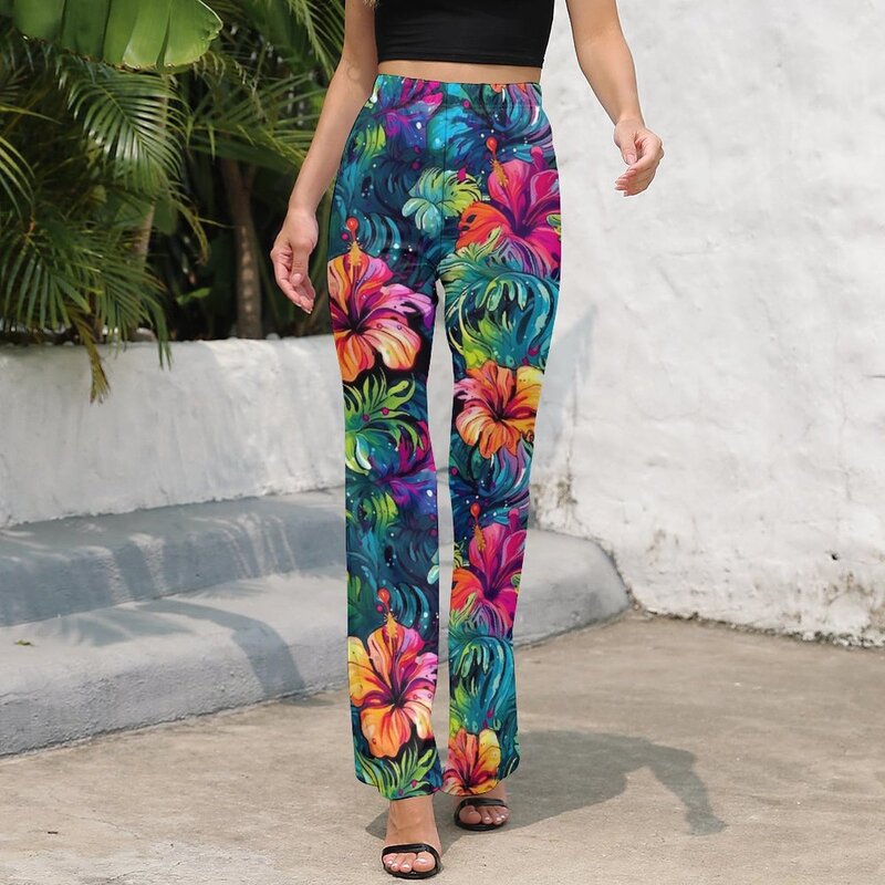 Calças elásticas de cintura alta estampa floral lírio, calças modernas, flor colorida, presente personalizado estilo rua, outono