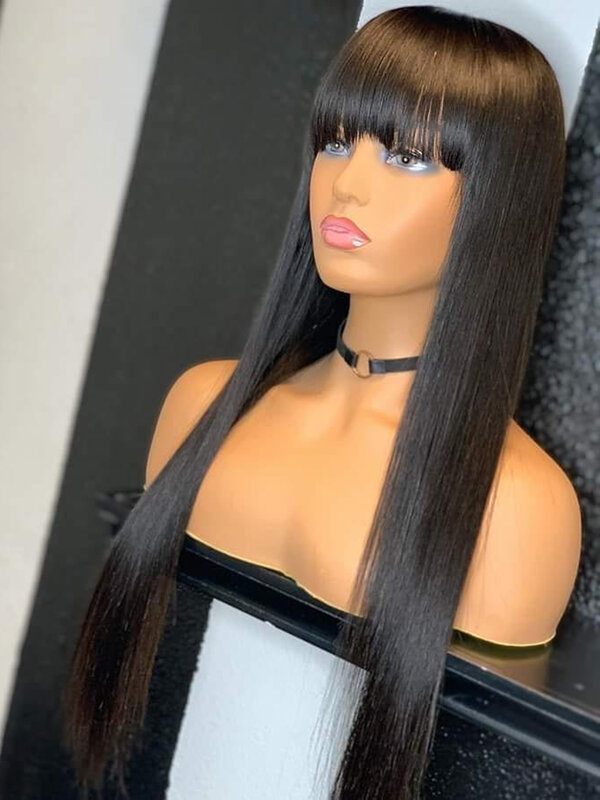 CORIIANA-Peluca de cabello humano liso con flequillo para mujeres negras, pelo corto Bob, pelo brasileño negro con flecos largos de 30 pulgadas