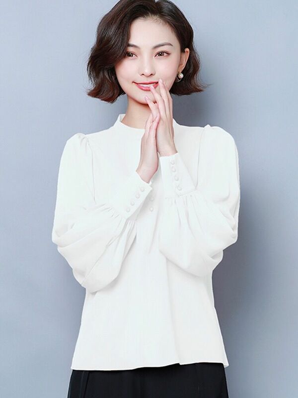 Latarnia rękaw księżniczka z pałacu bluzka kobiety szyfonowa wiosna biuro topy damskie O Neck przyciski Decor koszule Korea elegancka Streetwear