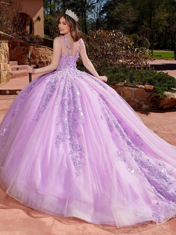 Quinceanrra-プリンセスロムドレス,スパゲッティストラップ付きの紫色の3Dバタフライドレス,ロングスパンコール,愛らしい,16個