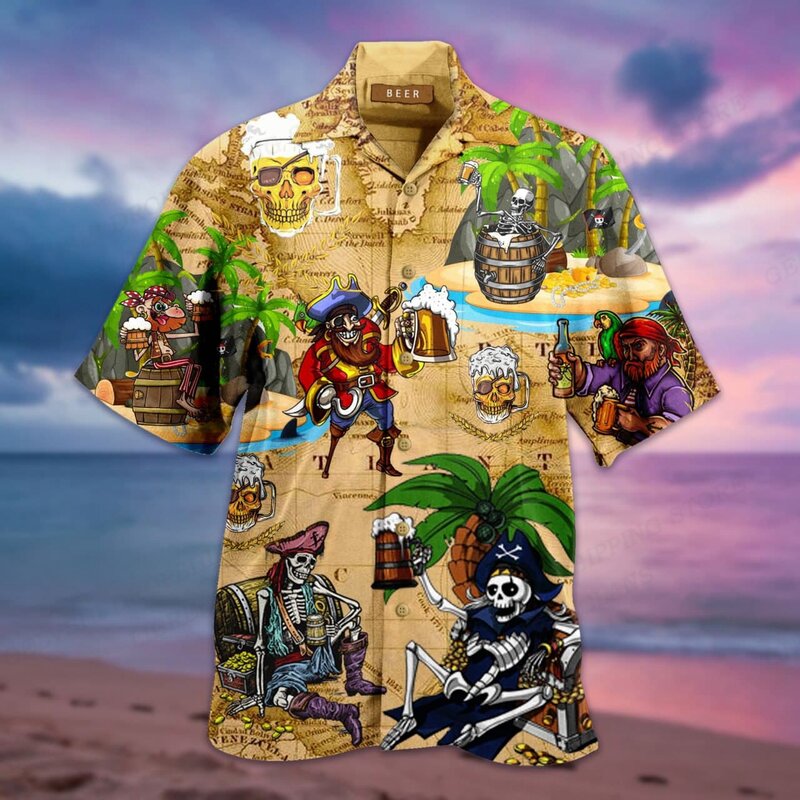 Camisa masculina com estampa 3D de ônibus vocacional, camisa havaiana, blusa de dardos de praia, manga curta com um único peito