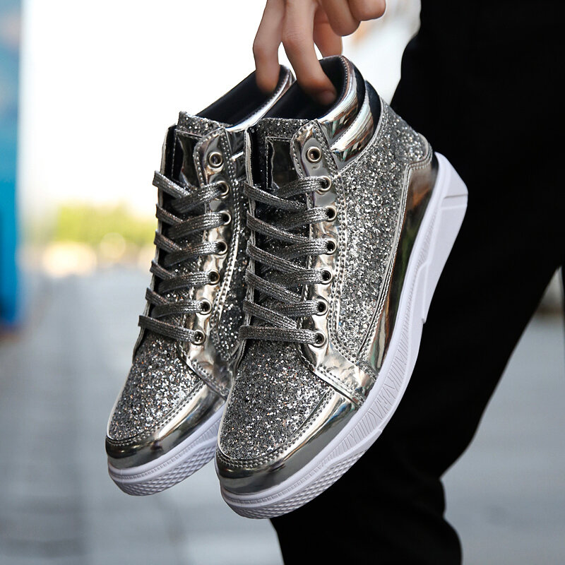 2022 Men PU Leather Casual Shoes Hip Hop Gold Fashion Sneakers Male Silver Microfiber High Tops Sequin Man Shoe Chaussure Tennis