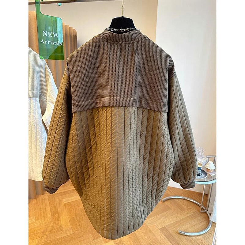 High-Grade Design Relaxed Casual Knitted Stitching Striped Cotton Jacket Women's Autumn Winter Light Cotton-Padded  Jacket Tops