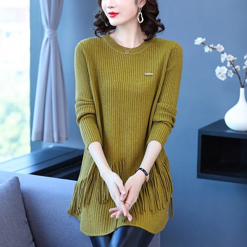 2023 NEW Autumn Winter Women Sweater Pullovers O-Neck Long Sleeve Casual Knitted Tops Loose Long Tassel Knitwear Female Sweaters