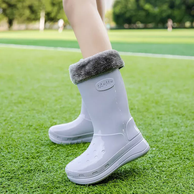 Botas de chuva alta para mulheres Sapatos de remo impermeáveis Botas de PVC antiderrapantes, Moda ao ar livre, Inverno