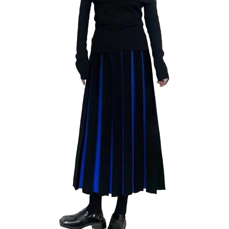 Женская зимне-осенняя длинная вязаная юбка миди с высокой эластичной резинкой на талии и цветными блоками N7YD