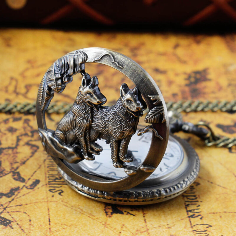 Animal Wolf Dog Carved Pocket Watch Necklace Arabic Numerals Hollow Quartz Pocket FOB Watch 80cm Chain Art Collection