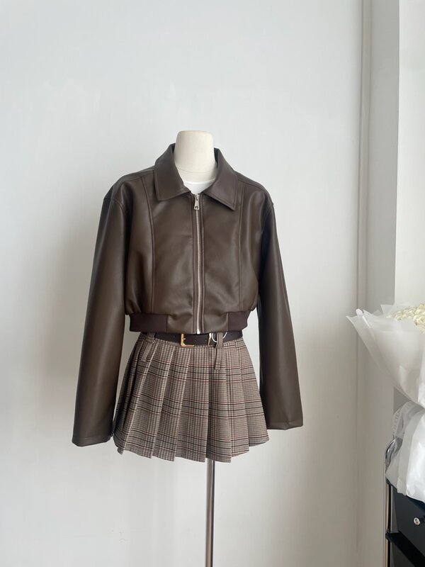 Винтажное короткое кожаное пальто с длинным рукавом, лацканами, женский стиль Y2K, винтажные уличные топы на молнии, модная женская одежда