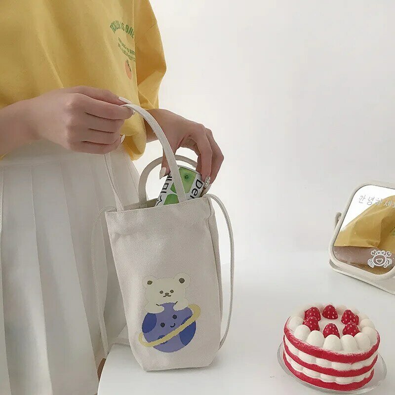 Tas selempang kecil botol air berbentuk barel tas Tote serbaguna sederhana tas kecil siswa tas penyimpanan tas kanvas