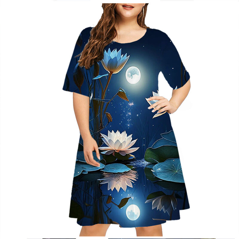 Gaun musim panas wanita, Gaun pantai lengan pendek motif bunga daun Lotus longgar ukuran besar kasual