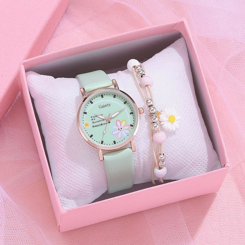 Conjunto de caixa dos desenhos animados daisy macaron cinto pulseira relógio moda conter couro luxo relógio conjunto couro pulso