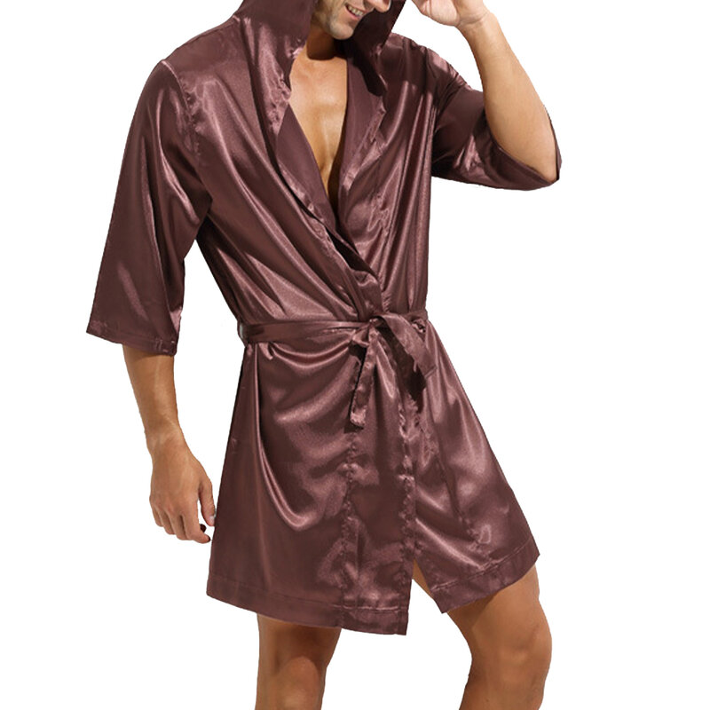 Men Bathrobe Pajamas Nightgown Hooded Loose Satin Silk Sleepwear Cardigan Gown Bath Robe Nightwear Sleep Bottoms 