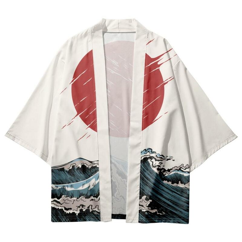 Kimono con estampado de ondas para hombre y mujer, cárdigan tradicional, camisa de manga 2023, moda Haori, Yukata, verano, 3/4