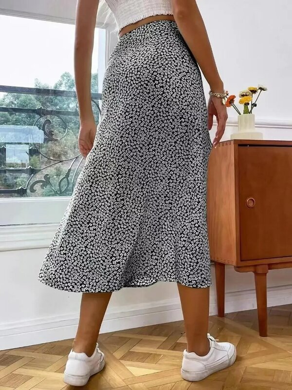 Женская юбка с цветочным принтом, летнее ТРАПЕЦИЕВИДНОЕ ПЛАТЬЕ с разрезом и запахом, новинка 2024