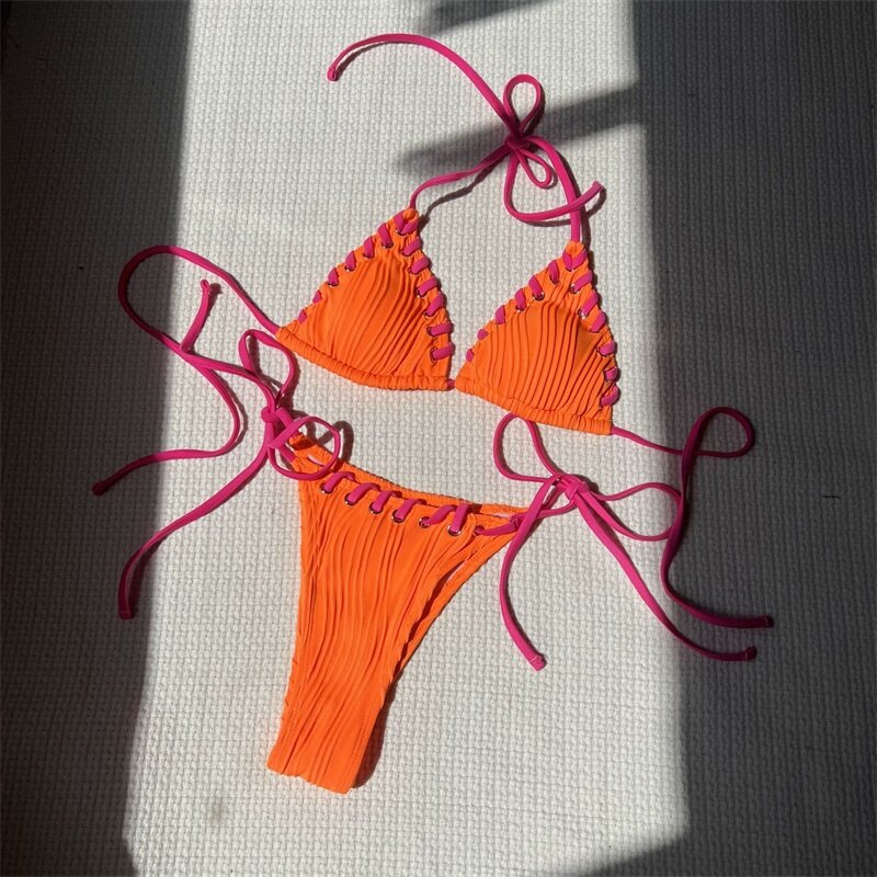 여성용 오렌지 수영복 속옷 + 탑 레이스업 2 피스, 여름 파티, 해변 휴가, 섹시한 캐주얼, 데일리 핫 걸 스트리트웨어