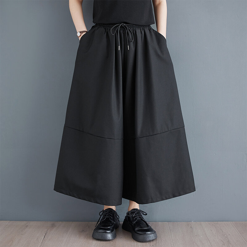 Japońskie patchworkowa bandażowa w stylu Yamamoto ciemny czarny luźny, szykowny wiosna lato szerokie nogawki spodnie Culotte moda Wmen spodnie na co dzień