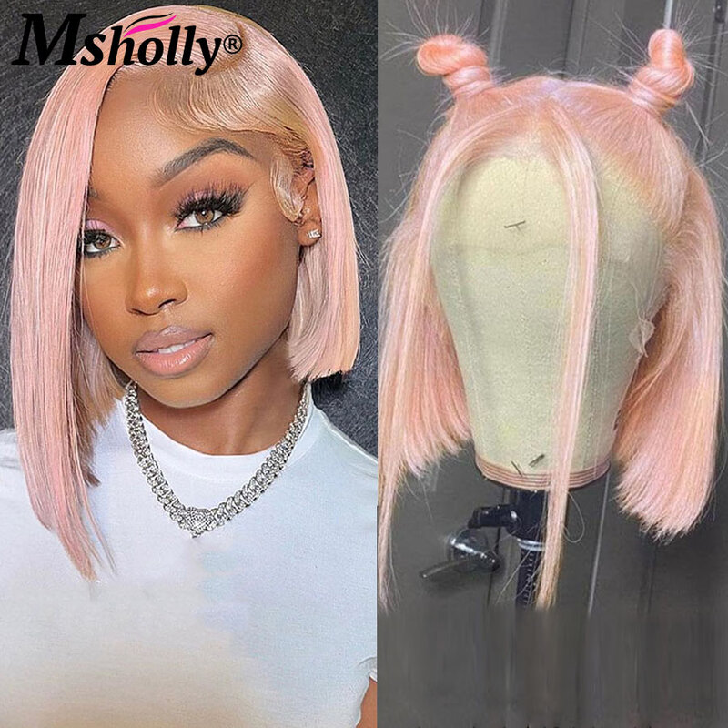 Pink Short Bob Wigs Human Hair For Women Pink Colored Glueless Short Bob Human Hair Wigs Straight PrePlucked Ready To Wear Wigs