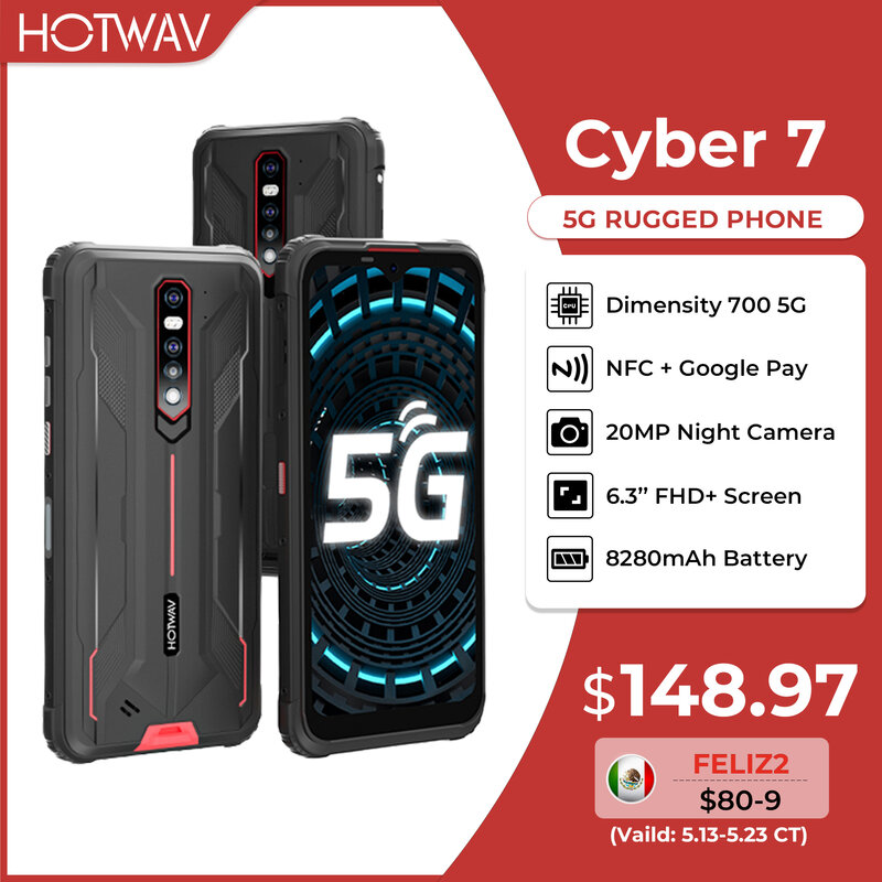 HOTWAV-Cyber 7 5G Smartphone Robusto, 6.3 Tela FHD Polegadas, 8GB RAM, 128GB ROM, Bateria 8280mAh, Câmera Principal de 48MP, Telefone NFC, 2021