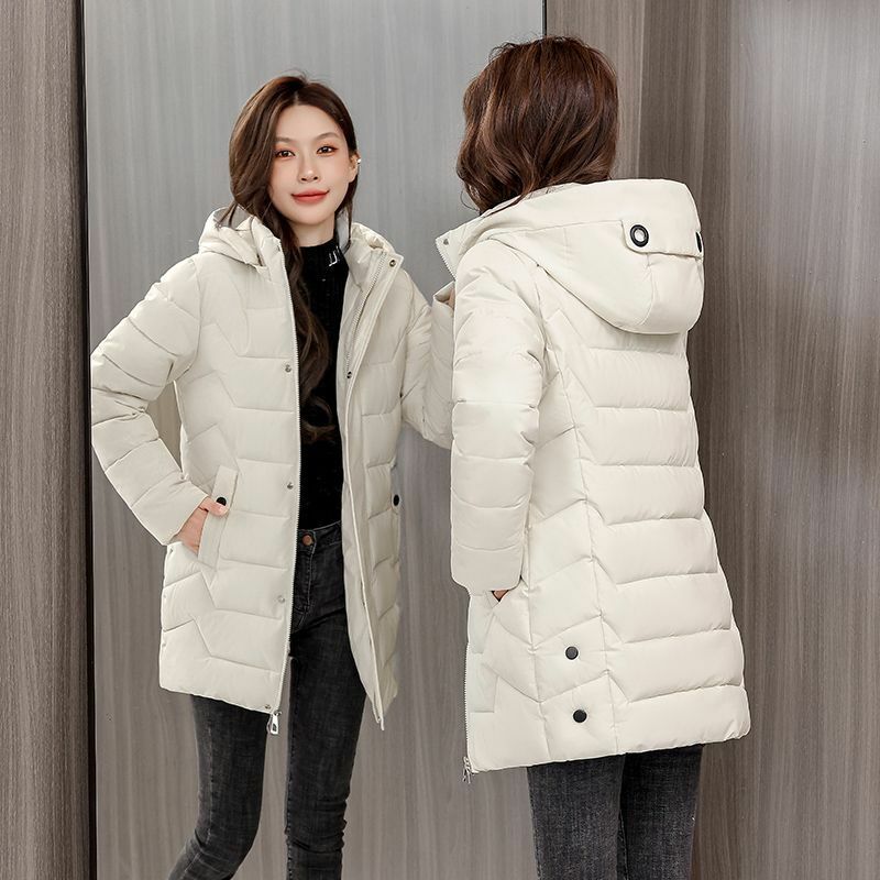 Zimowe parki damskie z kapturem średniej długości wyściełana kurtka nowa moda gruba ciepła, Slim bawełniana odzież damska odzież na śnieg płaszcz R036