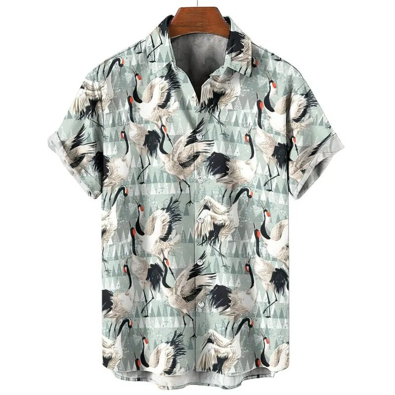 남성용 하와이안 셔츠, 단추 라펠 반팔 셔츠, 3D 동물 중국 크레인 인쇄 블라우스, 여름 남성 의류