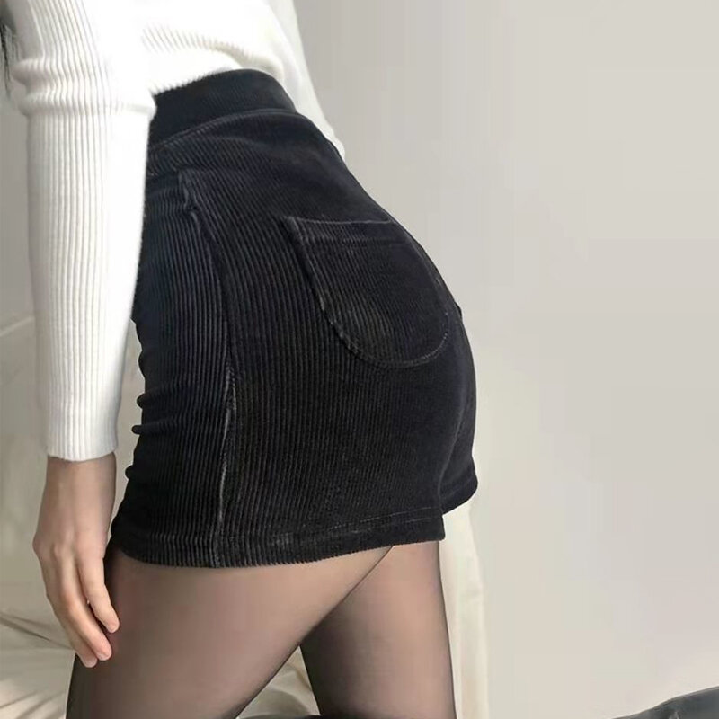 Pantalones cortos góticos negros para mujer, cintura alta, moda de primavera y otoño, apretado Sexy, elásticos, de pana, Y2K, informales