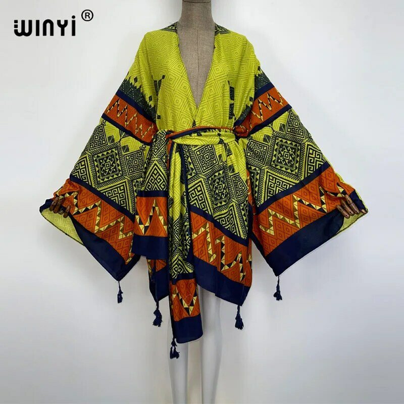 WINYI 2022 America Summer Women Cardigan stitch robe Cocktail sexcy Boho Maxi African Holiday Batwing Sleeve Silk Robe