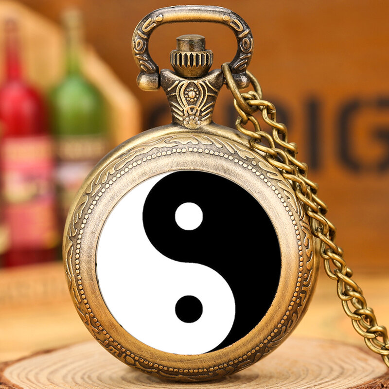 Yin Yang – montre de poche Tai Chi à Quartz, noir et blanc, bouton pression, bijoux Steampunk, collier de taille moyenne, chaîne, cadeaux à collectionner