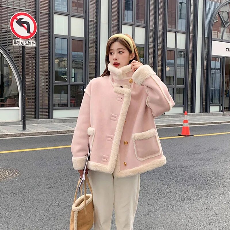 Mantel bulu imitasi hangat wanita, mantel wol domba Korea satu potong, mantel kulit domba tebal modis musim dingin 2023