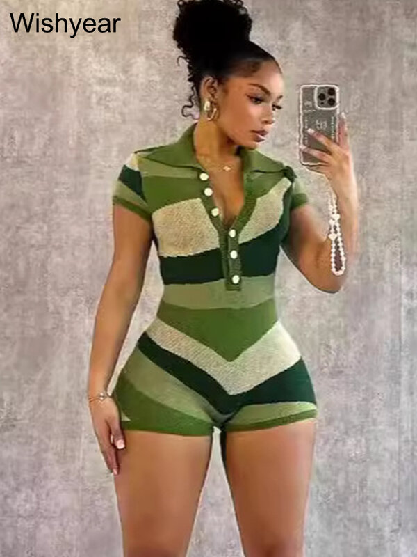 Elegant Knitted Patchwork Bodycon One Piece Rompers Women Lapel Short Sleeve Green Playsuits Sexy Night Club Birthday Overalls