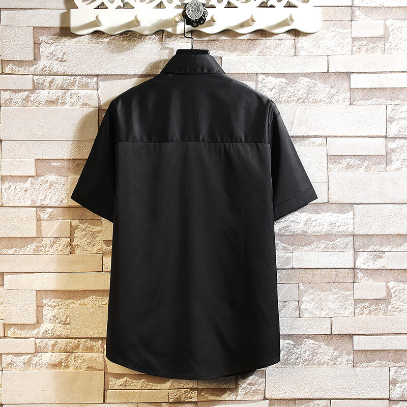 남성용 루즈한 반팔 단추 다운 화이트 블랙 셔츠, 한국 패션