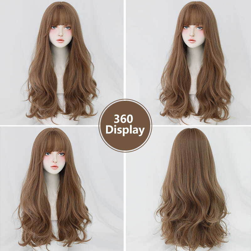 7JHH WIGS Routine Wig Synthetic Loose Body Wave Honey Brown Wigs with Neat Bangs High Density Wavy Brown Hair Wig for Women