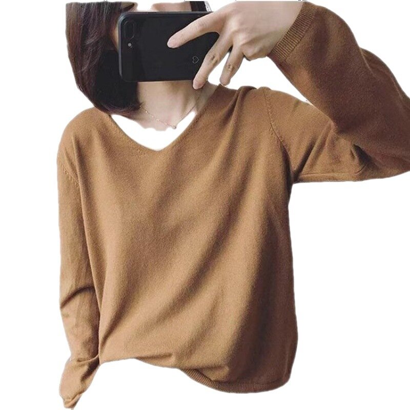 Корейская Студенческая трикотажная нижняя рубашка с длинными рукавами, Женская весенне-осенняя тонкая свободная футболка, трендовые Топы