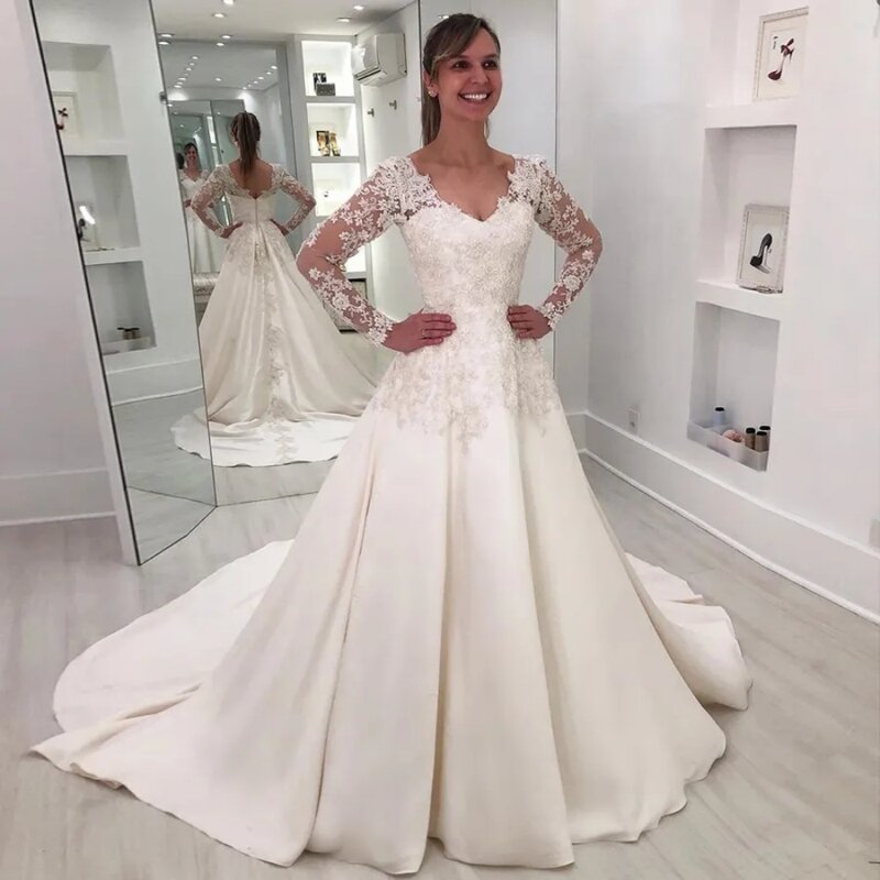 2024 biała luksusowa suknia ślubna dla kobiet z dekoltem w serek z długim rękawem i koronką satynowa suknia ślubna o długości podłogi