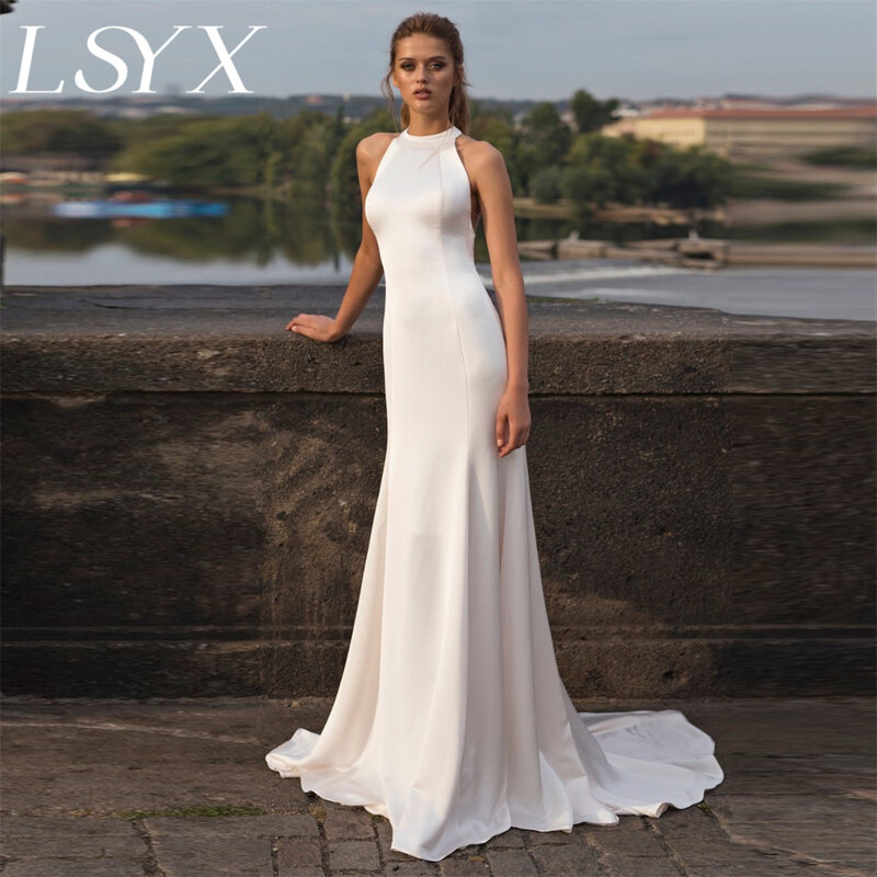LSYX Halter bez rękawów krepa koronka elegancka syrenka suknia ślubna prosta koronka długość tylna podłoga suknia ślubna na zamówienie