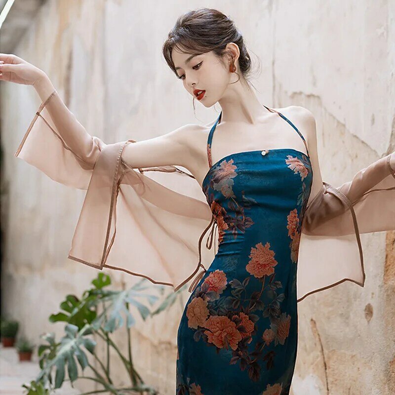 New Chinese Style Female Qipao Sexy Slim Cheongsam Blue Jacquard Flower Evening Party Dress Classic Elegant Banquet Dress