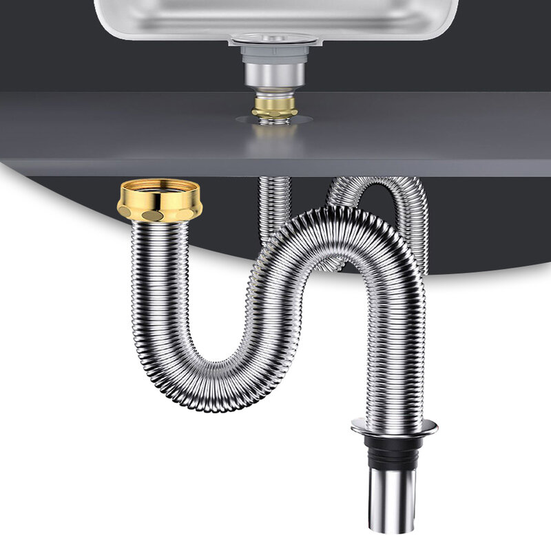 Premium Solution for Your Sink Stainless Steel Sink Siphon Waste Drain Hose Flexible Pipe 40/60cm Length Silver