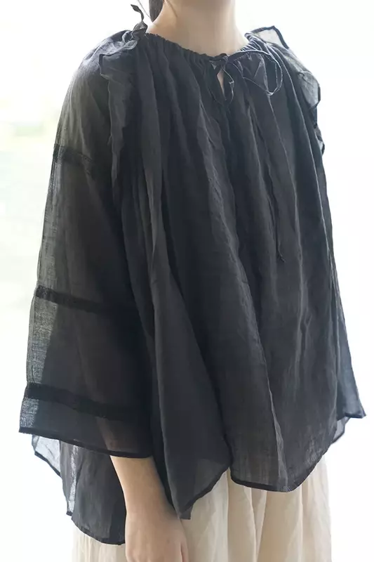 Spring and Summer Thin Transparent Fine Ramie Loose Oversized Shirt Retro Idyllic Two-Way Wear Sun Protection Top