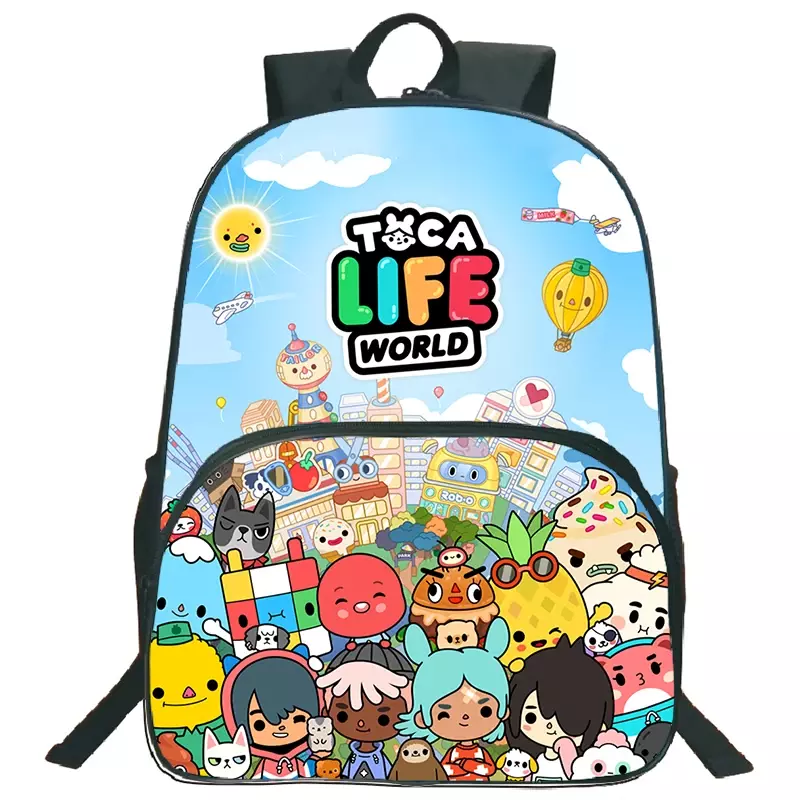 Bolsa escolar Toca Life World Print, mochila de anime de grande capacidade para meninos e meninas do ensino fundamental, bolsa de viagem de 16"