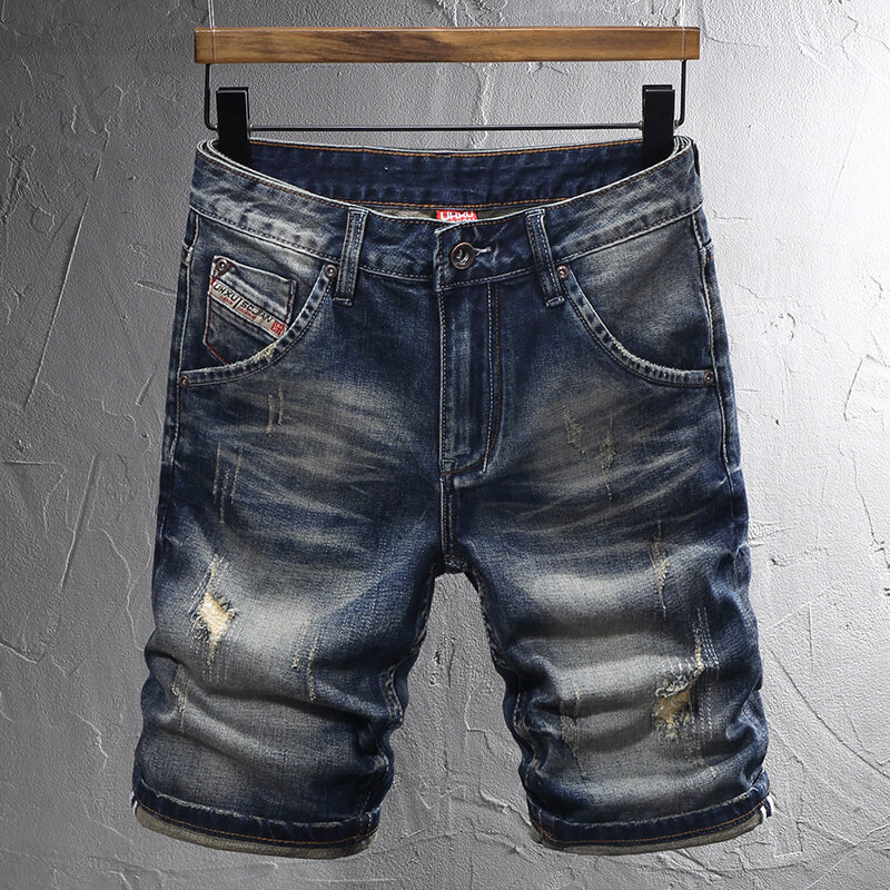 سراويل جينز مطاطية زرقاء عتيقة للرجال ، تناسب الجسم ، قصيرة ممزقة ، تطريز عتيق ، موضة مصمم ، الصيف