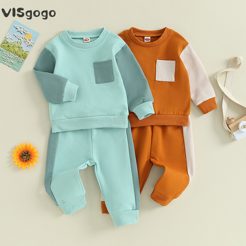 VISgogo-طقم ملابس أطفال للأولاد ، أكمام طويلة ، سويت شيرت برقبة دائرية ، بنطلون رياضي بخصر مطاطي ، ألوان متباينة ، ملابس سقوط للرضع