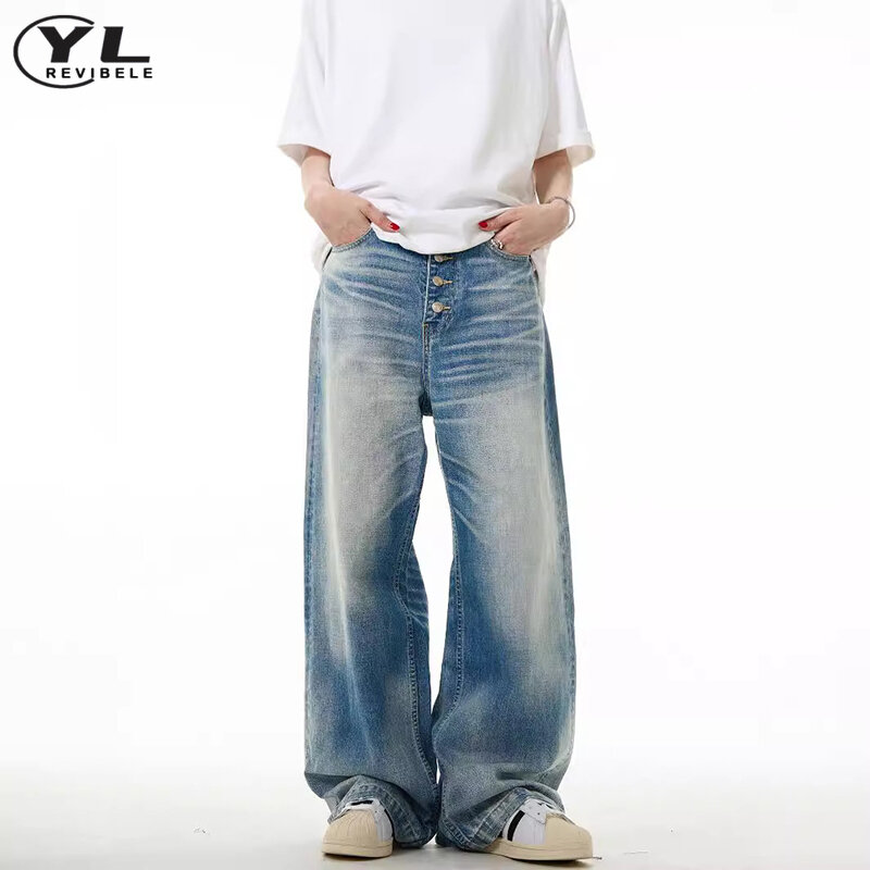 Retro Washed Button Design Jeans Men Women American High Street Baggy Wide Leg Pants Fashion Harajuku Straight Denim Trousers