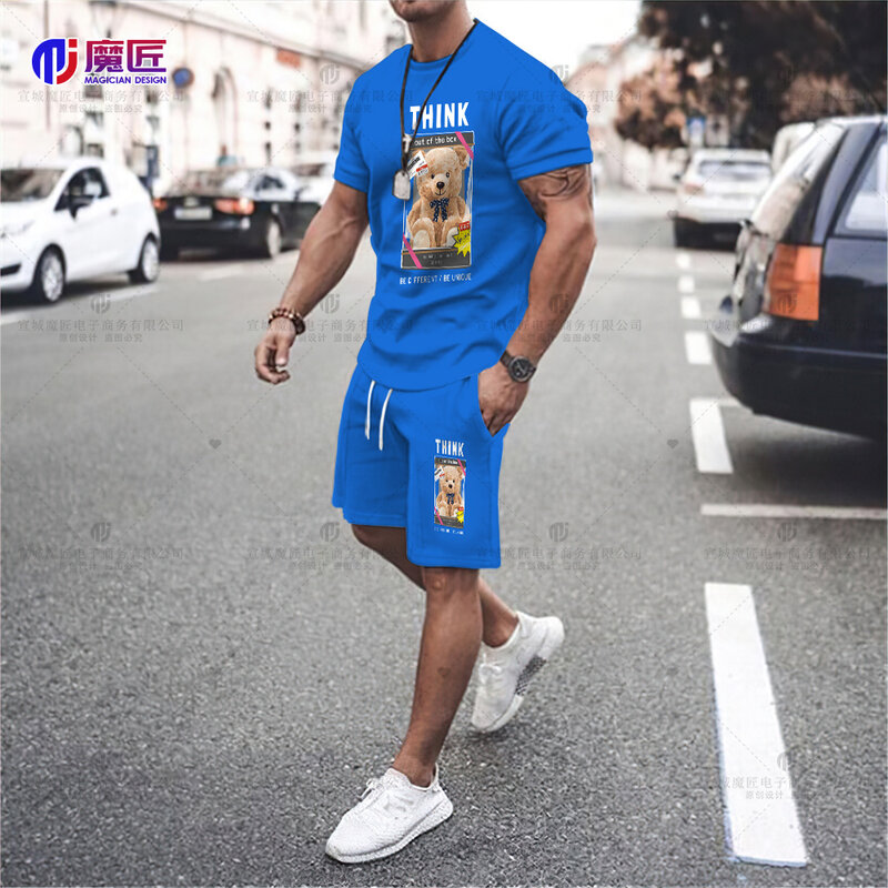 2023 moda verão cor sólida calções masculinos camiseta simples 3d engraçado urso imprimir solto curto-mangas compridas topo conjunto