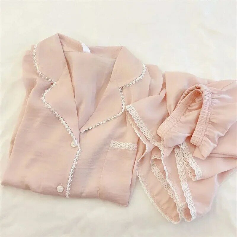 lace women's summer pajam set wiht shorts pink cute ladies sleepwear 2 pcs set single breasted pyjama suit for female 2023