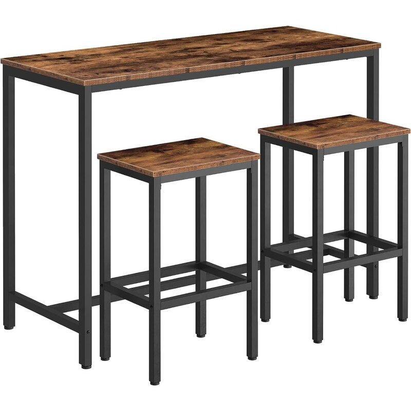 Chairs Set, 47.2” Rectangular Pub Table with 2 Stools for Small Space, High Top Table, 3-Piece Breakfast Table Set, Sturdy