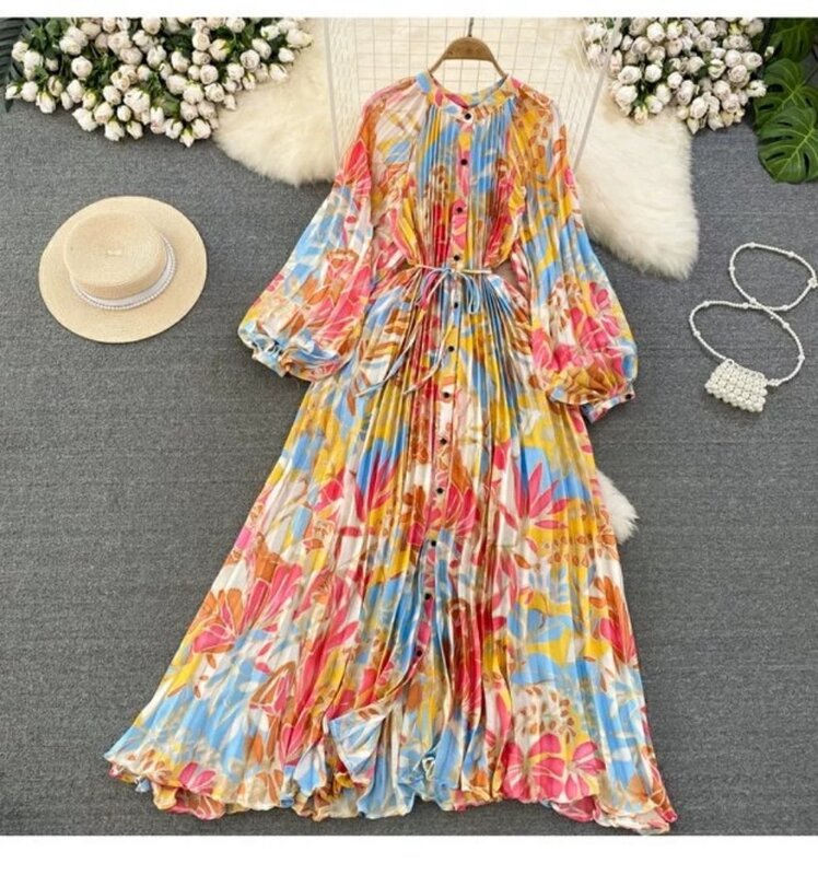 Luxurious Lantern with Long Sleeves Waistband Slimming Effect Single Breasted Printed Dress Elegant Long Skirt